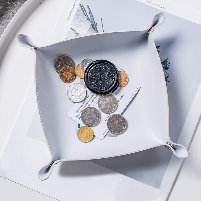 Leather Jewelry Valet Tray for Women and Man, Entryway Table Bedside Nightstand Desk Portable Small Catchall Travel Dish Plate for Key,Wallet,Watch,Coin(Grey White-B)