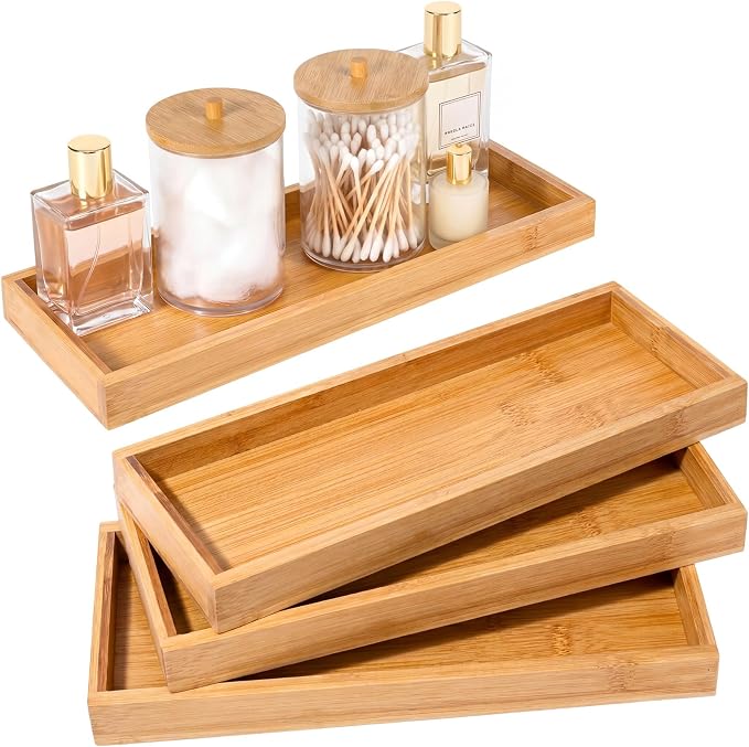 Chengu 3 Pcs Bamboo Vanity Trays for Bathroom Small Wooden Serving Tray for Bathroom Counter Food Appetizer Tea Dessert Kitchen Tissue Toilet Tank Home Decor, 11 x 4 Inch(Rectangle Style)