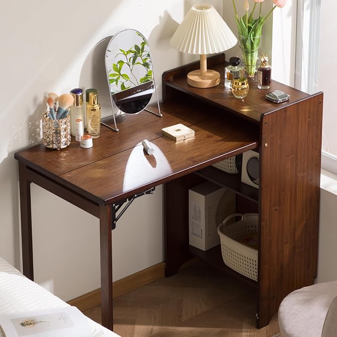Bamboo Folding Desk with Storage, Space-Saving Foldable Computer Desk for Small Spaces, Writing Study Table for Home Office, Bedroom, Dorm, Apartment,White