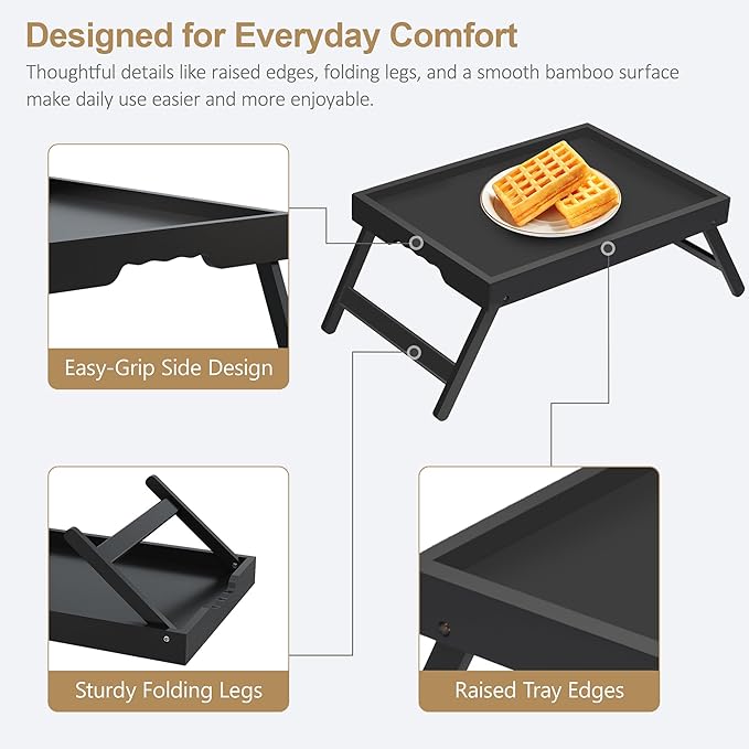 Breakfast Tray with Folding Legs Set of 2, Bamboo Bed Tray Table 15.7" Foldable TV Dinner Tray with Ergonomic Wave Handles for Bed Couch Sofa, Breakfast, Snacks, Coffee, Black