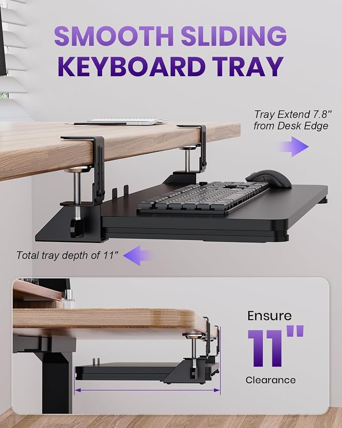 Ergonomic Keyboard Tray Under Desk, Pull Out with Adjustable C-clamp, 25.6 (31.5 Including Clamps) x 11.8 Inch Slide Out Computer Keyboard Drawer Mouse Tray for Typing, Large & Black