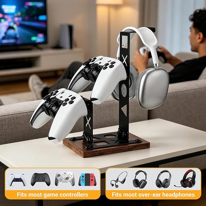 Headset Stand Gaming Controller Holder,Game Controller Stand Headphone Stand with Wood Base, Gaming Equipment Accessories for Desk Dual Organizer Rack Headset Holder for Son, Husband, Boyfriend