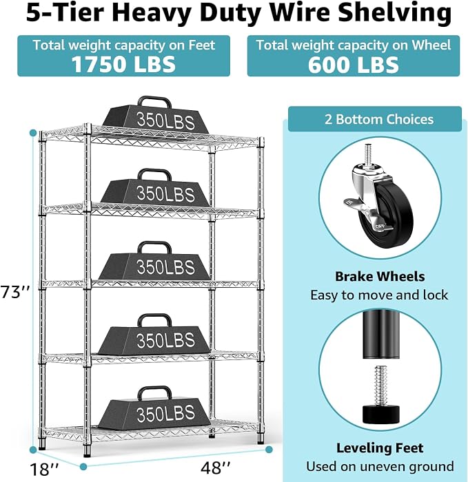 M MZG 5-Shelf Storage Shelves,Wire Shelving Heavy Duty Metal Storage Shelving Unit Adjustable Garage Shelving Rack Pantry Kitchen (Chrome, 5 Tier,17.7" D x 47.2" W x 76.7" H)