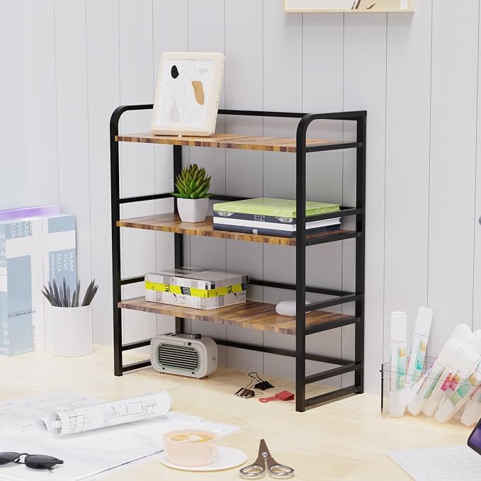Office Desk Shelf Organizer, Wood Desktop Bookshelf Supplies Storage Rack, Shelf for Top of Desk and Dresser and Cubicle Decor Aesthetic Bookshelf (Black Brown, Three Tier, 19.69Lx7.87Wx22.05H)