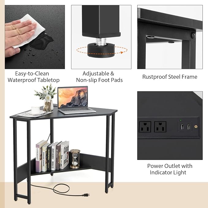 HOMGX Triangle Corner Computer Desk with USB Ports & Power Outlet, Modern Vanity Desk with Storage Shelf, Space Saving for Small Home Office, Black
