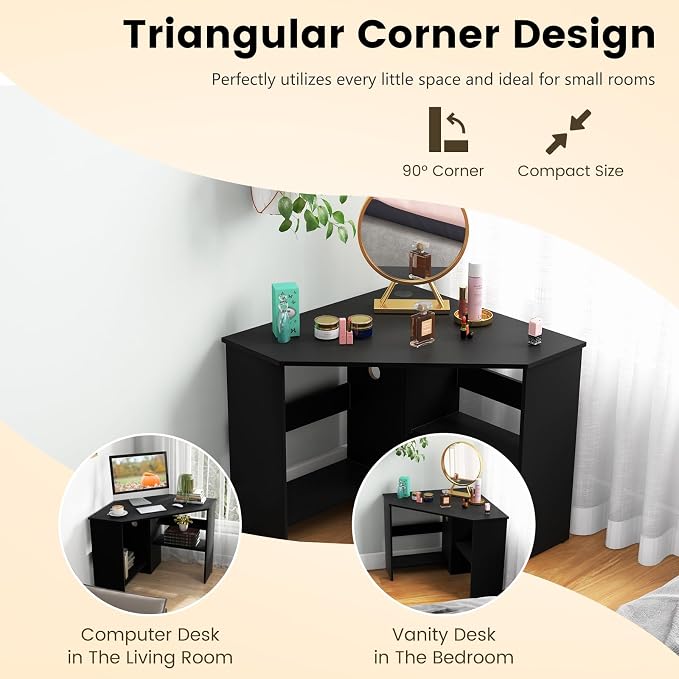 HOMGX Corner Computer Desk, Triangle Desk with Storage Shelves, Small Corner Desk for Small Spaces, Corner Vanity Desk for Home, Bedroom, Living Room, Office (Black)
