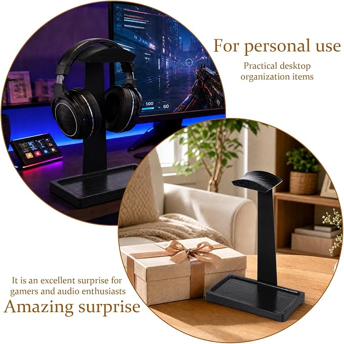 Walnut Headphone Stand, Wooden Headset Stand for Desk, Wood Gaming Headphone Holder with Storage Base Present for Men Brown or Black(Black)