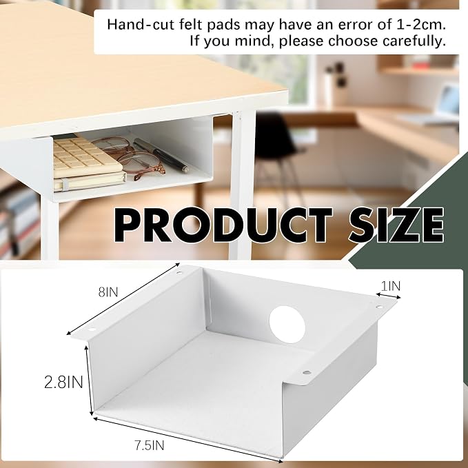 Yaocom 2 Pack Under Desk Hanging Shelf, Carbon Steel Storage Tray with Mute Felt Sheets, Mount Shelves Organizer for Office Home Workstation Gaming Desk Stand up(7.5x8x2.8 in/Storage Shelf,White)