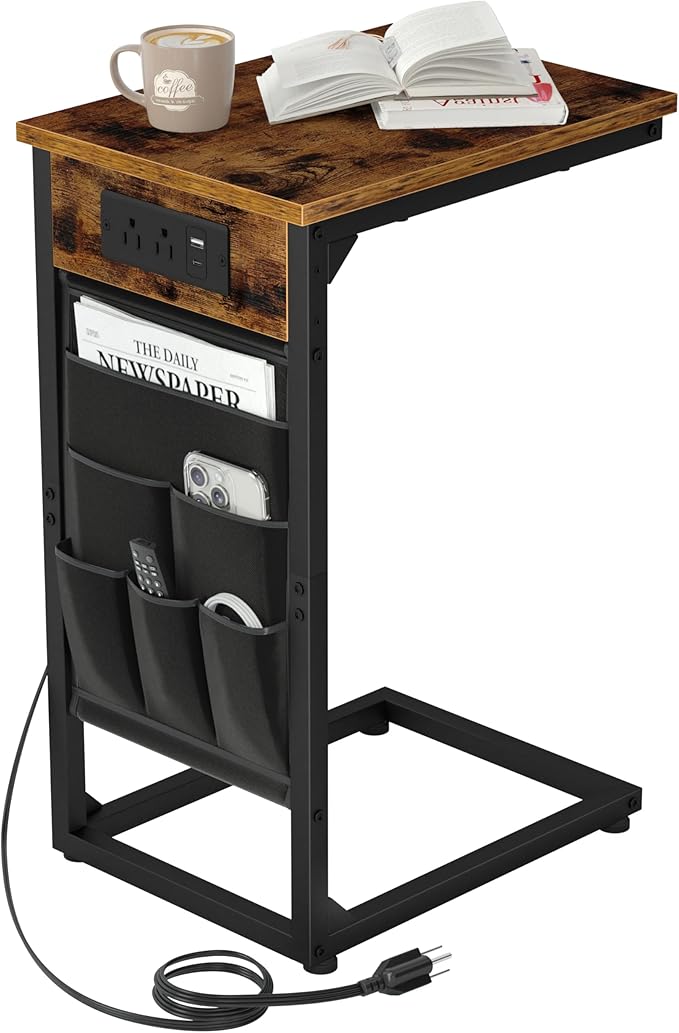 AMHANCIBLE C Shaped End Table with Charging Station, TV Tray Couch Tables with Storage Bag, Slide Under Sofa Side Side Table with USB Ports and Outlets for Living Room, Rustic Brown, HET04CBR-1