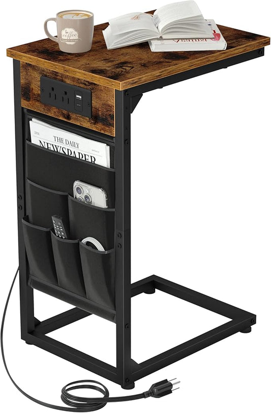 AMHANCIBLE C Shaped End Table with Charging Station, TV Tray Couch Tables with Storage Bag, Slide Under Sofa Side Side Table with USB Ports and Outlets for Living Room, Rustic Brown, HET04CBR-1