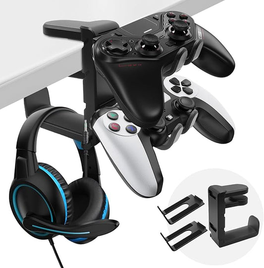 3 In 1 PC Gaming Headphone & Controller Stand Holder, Clamp On Headset Hanger with 360° Rotation Hook, Under Desk Cable Clip Organizer Earphone Storage Rack, Universal XBOX PS5 PS4 Switch Gift, Black