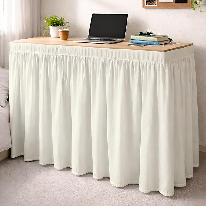 Shreem Linen Dorm Desk Skirt, Ruffled Gathered Table Cover, Custom-Fit, No Platform, Split Corners, Under Desk Storage Cover for Dorm & Home Office, Ivory Desk Skirt (D24 x W30 Skirt H30 Inches)