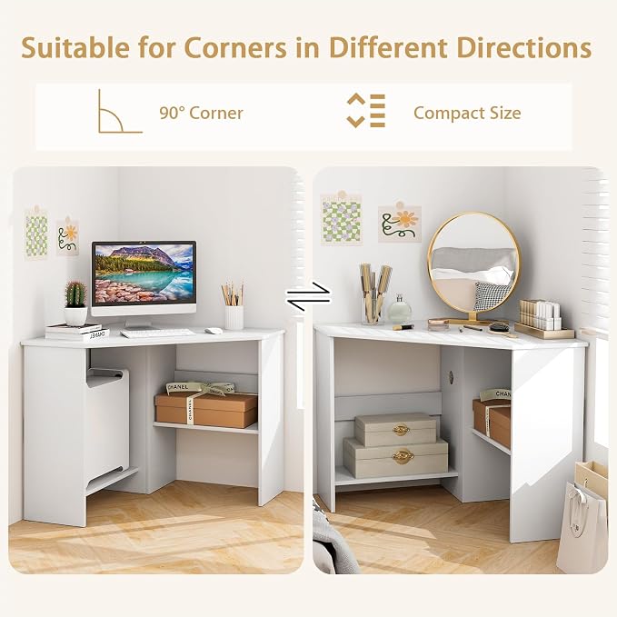 Small Corner Desk, 90 Degree Triangle Computer Workstation with Storage Shelves & CPU Stand, White Corner Vanity for Bedroom, Wooden Table for Small Spaces
