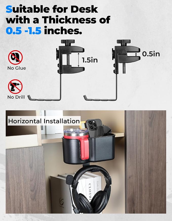 KEMIMOTO Desk Cup Holder with Headphone Hanger, 2 in 1 Caddy Organizer for Office Table, Lawn Chair, Golf Cart, Pontoon Boat, Fit for Most 18-32 oz Bottles (2)