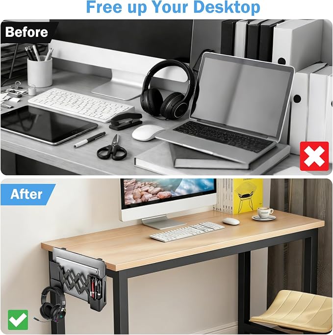 Desk Side Storage，Under Desk Clamp-on Vertical Laptop Holder,7-17 Inch Length Adjustable with Pen & Headphone Holder,No Drill Storage Shelf for Desk，Fits Table Edge 0.4" to 2.3"(Black)