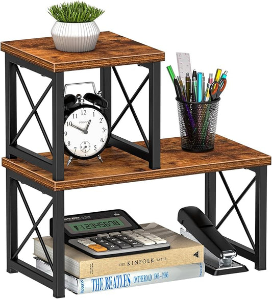 Honiter Desk Shelf Organizer, Desk Shelf for Top of Desk, 2 Tier Adjustable Small Bookshelf Organizer, Freestanding Stackable Desktop Stand, Kitchen Counter Display Rack, Rustic Brown