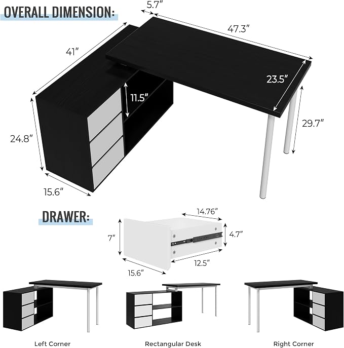 Mekminop L Shape Computer Desk with 3 Drawers and 2 Shelves, Home Office Desk Corner Small Desk with Storage Cabinet for Writing Study Executive – Black and White