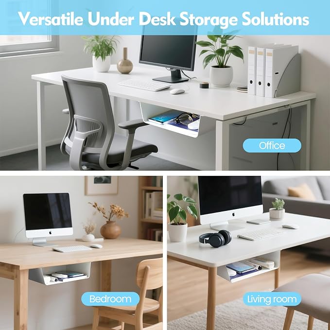 KHAMAL Under Desk Storage Shelf 2 Pack - Under Desk Drawer with Built in Cable Management for Home, Office, Gaming Setups, Kitchen (White)