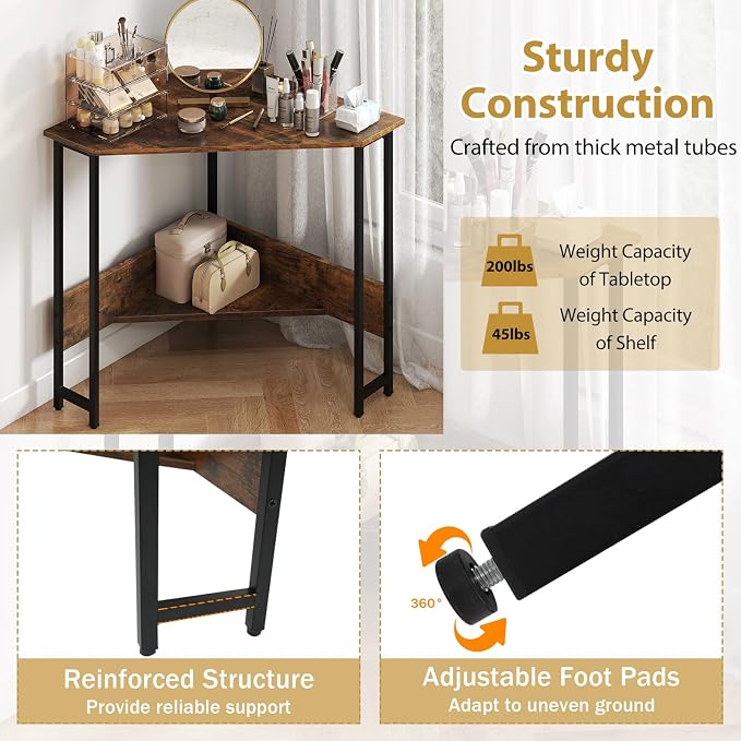 Tangkula Corner Desk with Power Outlet & USB Ports, Triangle Computer Desk with Charging Station, Storage Shelf, Space Saving Writing Desk, Vanity Table, Corner Desk for Small Space (Rustic Brown)