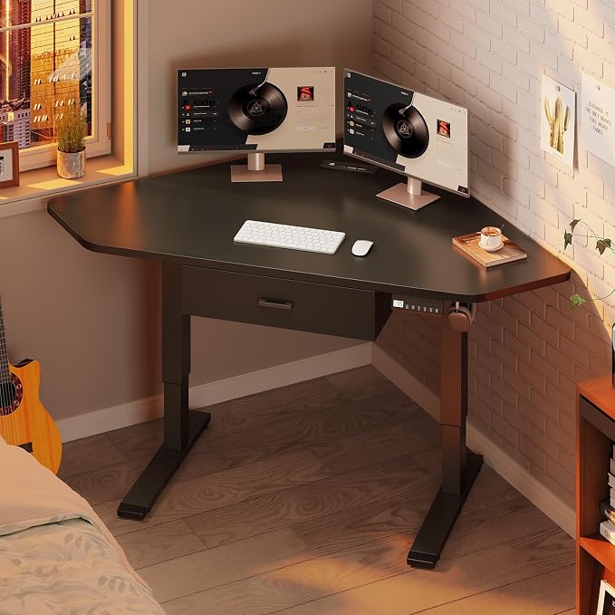 SEDETA Corner Standing Desk, 32'' Small Height Adjustable Electric Computer Desk with Drawer for Gaming, Small Space, Stand up Home Office Writing Desk, Small Gaming Table, Black