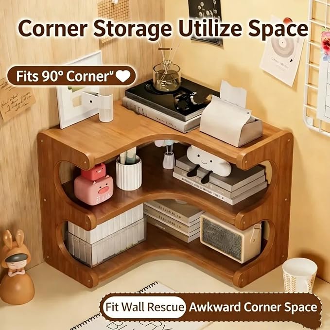 Corner Desktop Organizer Stable Durable, Solid Wood & Multi-Ply Board Corner Storage Shelf Space-Saving Empty Corner Decor with Rounded Edges for Home Office, Bedroom, Living Room and Kitchen