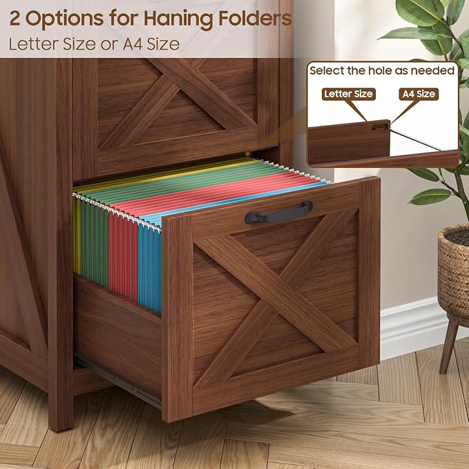 Halitaa 2 Drawer Small File Cabinet, Farmhouse Vertical Filing Cabinet Fits Letter and A4 Size, Under Desk Wooden File Cabinets for Home Office, Printer Stand, Walnut