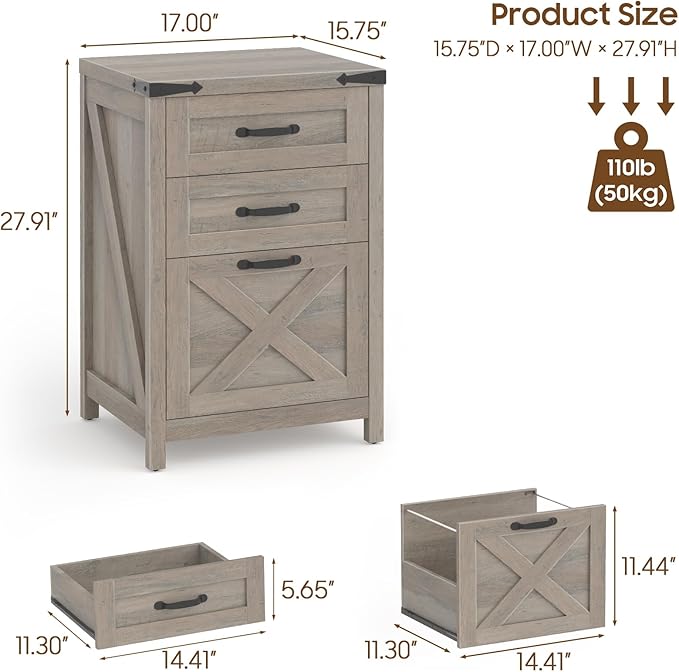 Halitaa 3 Drawer Small File Cabinet, Farmhouse Vertical Filing Cabinet Fits Letter and A4 Size, Under Desk Wooden File Cabinets for Home Office, Printer Stand, Rustic Grey