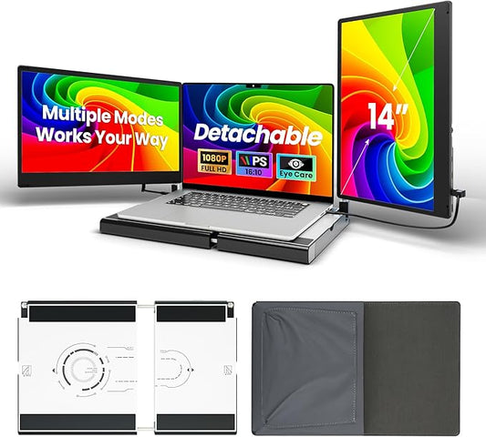 Laptop Screen Extender, 14" FHD 1080P Triple Portable Monitor for Laptops, Stretchable Base and Detachable Screen, Plug & Play, Monitor Extender for 13–17.3" Laptops, Compatible with Window/Mac/Chrome