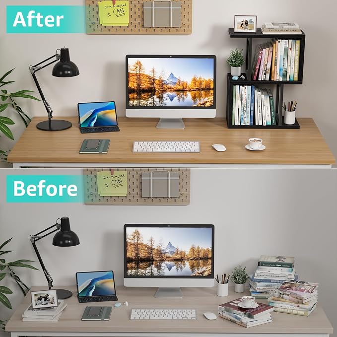 Desktop Bookshelf Shelf for Top of Desk - Black Small Organizer 3-Tier Shelves Storage Bookcase Hutch for Dorm Office College Table Top Organization Shelving Decorations for Women Office
