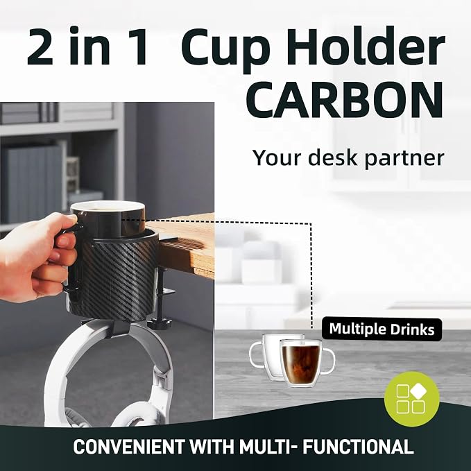 Luxury 2-in-1 Anti-Spill Cup Holder with Under Desk Headphone Hanger (Racing Carbon Edition)