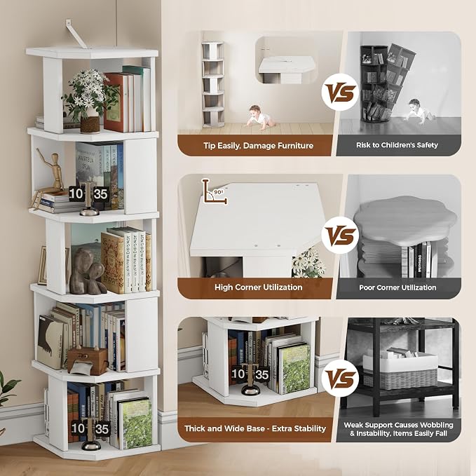 5 Tier Square Bookshelf Tower, Floor Standing Corner Bookshelf Modern Organizer Storage Display Rack for Home Office Living Room Study, Small Spaces