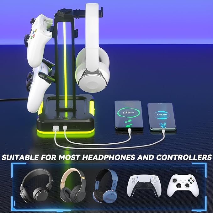 KDD RGB Headphone and Controller Stand with 2 Type-C and 1 USB Ports - Headset Stand with 9 Light Modes - Controller Headset Holder for Desk - Gaming headphone Holder for Gift and PC Room Accessories