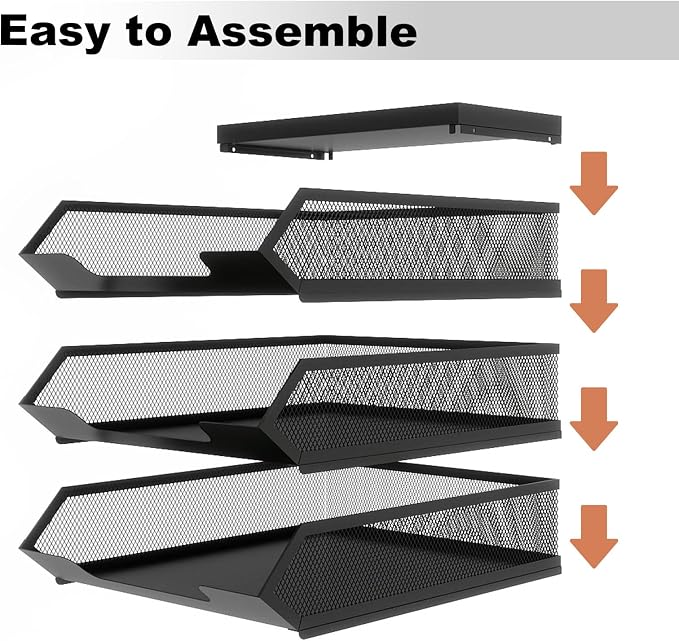 Natwind 3 Tier Stackable Paper Trays for A4 File,Desktop File Organizers for Office Supplies,Metal Mesh Desk Organizer,Mail Sorter Paper Tray with Top Tray,Letter Trays for Home,Office,School,Black