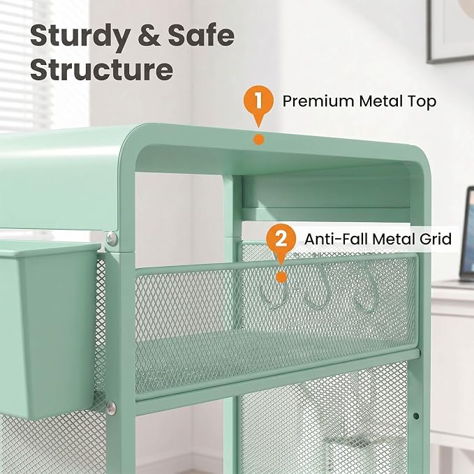 ECOLOVI 3 Tier Printer Stand for Under Desk, Height Adjustable Shelf Small Printer Table with 3 S-Hooks & Basket, Heavy Duty Industrial Storage Shelf for Home Office (Green Metal)