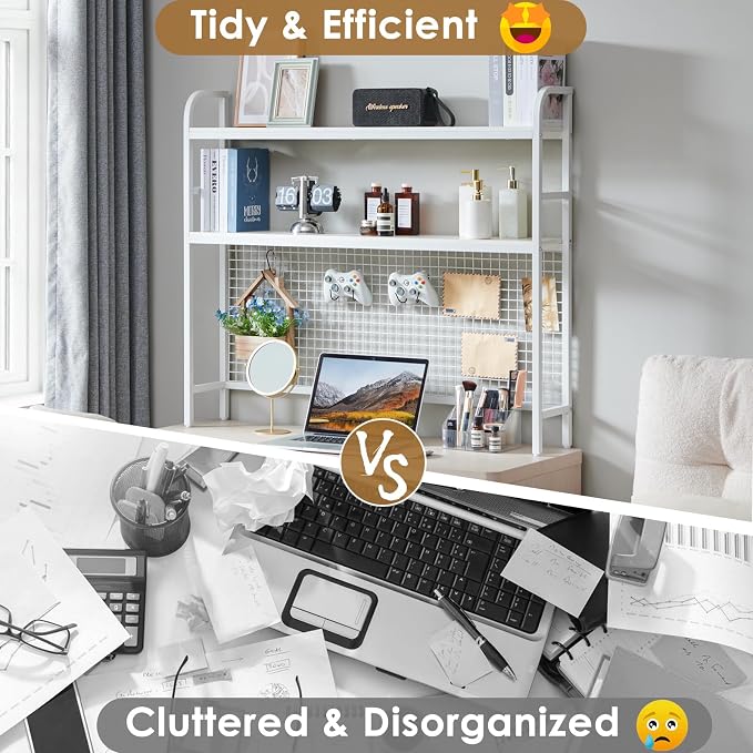 Desktop Hutch Shelf Organizer, 2-Tier Metal & MDF Desk Bookshelf with Grid Panel and Hooks for Office & Dorm (White, 45.3")