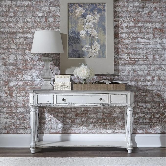 BOWERY HILL Traditional Magnolia Manor Console Table, 52" W x 18" D x 30" H, Rubberwood with White Oak & Birch Veneers, Antique White Finish with Weathered Brown Top, Living Room Table with Drawer