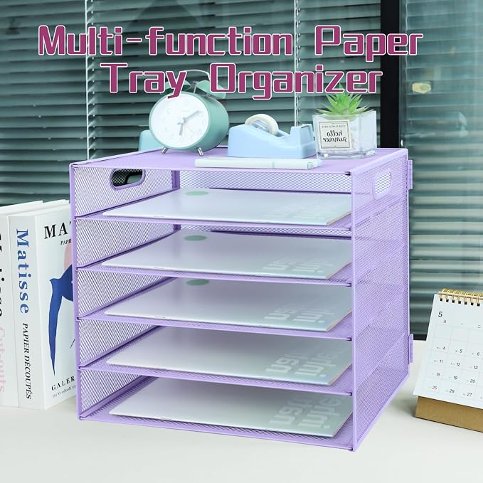 5 Tier Lettrer Tray Organizer, Metal Mesh Desk File Organizer with Sliding Trays, Paper Sorter Desk Organizer for Home Office School, Purple