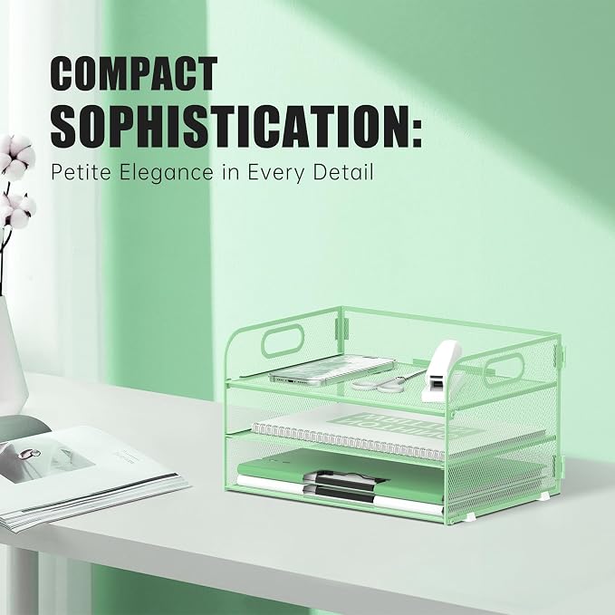 DALTACK 3 Tier Paper Organizer with Handle, Mesh Metal Desk Organizer with Sliding Paper Trays for Letter/A4 Paper, Mail, Bills & Folders, Mint Green
