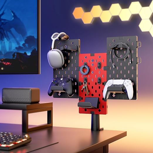 PEGZONE Modular Headphone and Controller Holder for Game, Clamp-on Pegboard, Rotatable Controller Stand with Cable Hooks, Gaming Accessory for Xbox PS5 PS4 Nintendo Switch, 3Pcs Pegboard, Red