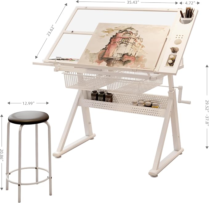 Hand Crank Adjustable Drafting Table with Tempered Glass Top, Height Adjustable Art Drawing Desk with Metal Drawers, Slide-Up Pencil Ledge & Stool, Drafting Desk for Home Studio Office