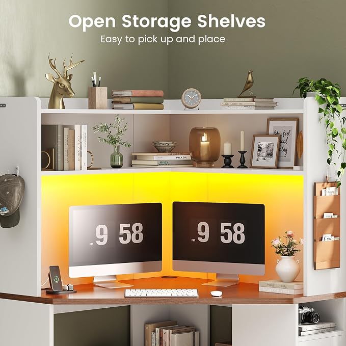 SEDETA 31.5" Corner Desk for Small Space, Farmhouse Small Corner Desk with Hutch & 3 Drawers, Corner Computer Desk with Storage Shelves & LED Lights for Home Office, White + Brown