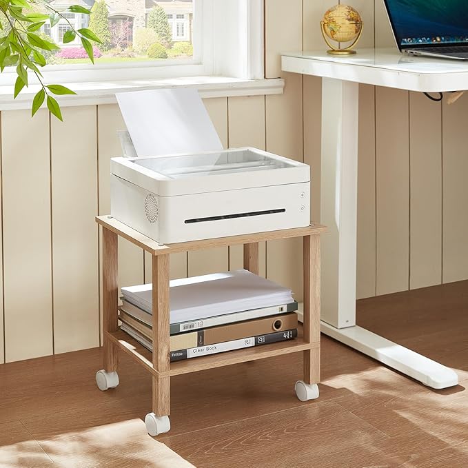 YUFAM 2 Tier Printer Stand with Storage,Under Desk Shelf Printer Table,Small Printer Stand with Wheels,Rolling Printer Cart for Office