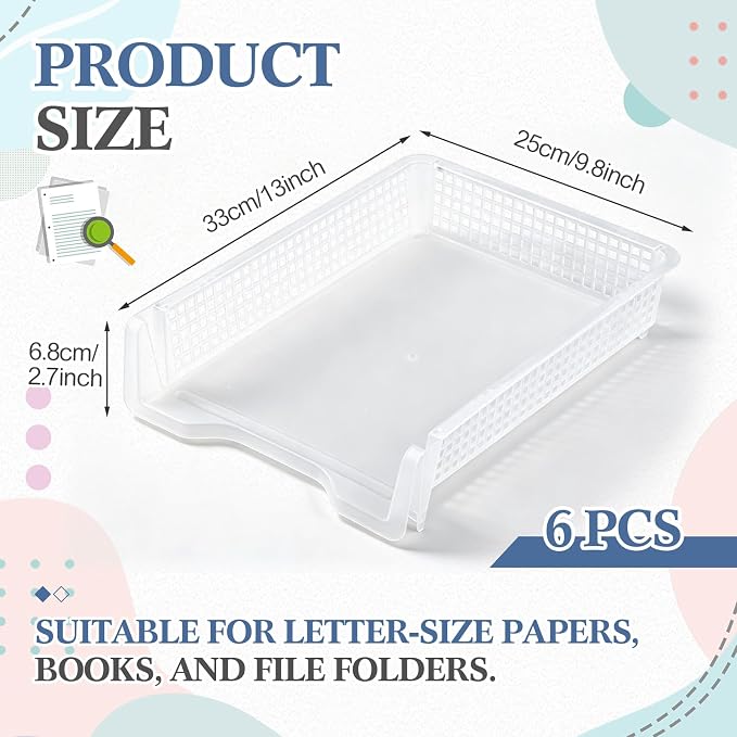Geetery Set of 6 Plastic Trays for Teachers Turn in Trays Classroom Stackable Paper Tray Plastic Classroom Teachers Desk Letter Organizer Storage Baskets for Office, Desk, Home (Clear)