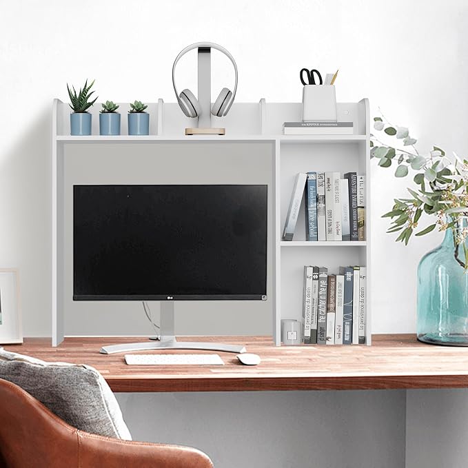 Desk Hutch Dorm White, 3-Tire Wood Desk Shelf Storage Organizer for Office Home