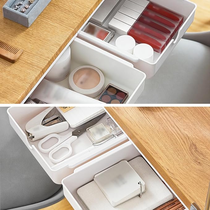 FRETONBA 2 Pack Under Desk Drawer Self-Adhesive Hidden Desktop Organizer, Attachable Desk Drawer Slide Out, Table Storage Tray for Stationery Home Office Organization Medium White