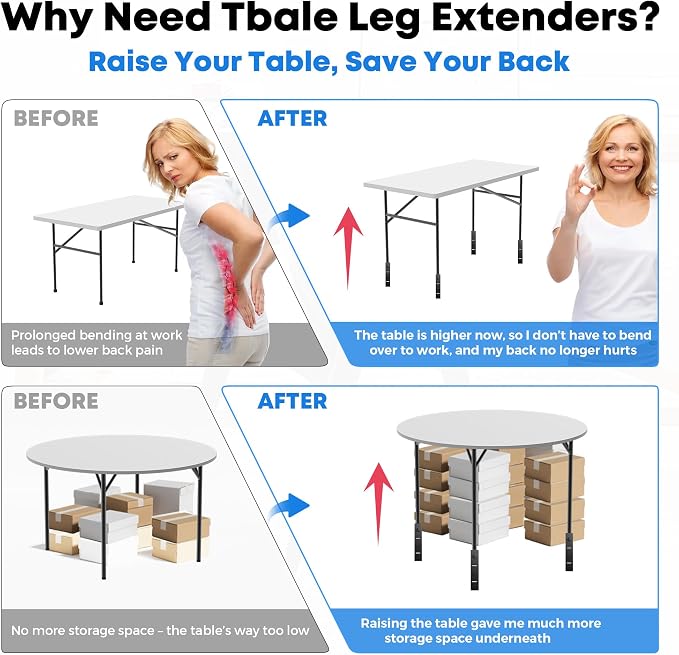 4 Pack Folding Table Leg Extenders, Highly Durable Steel Folding Table Leg Risers, Folding Desk Legs Extensions for Straight｜Bent Legs,3 Levels Adjustable Height Tables Extender Rise 2.3in｜4.3in｜6.3in