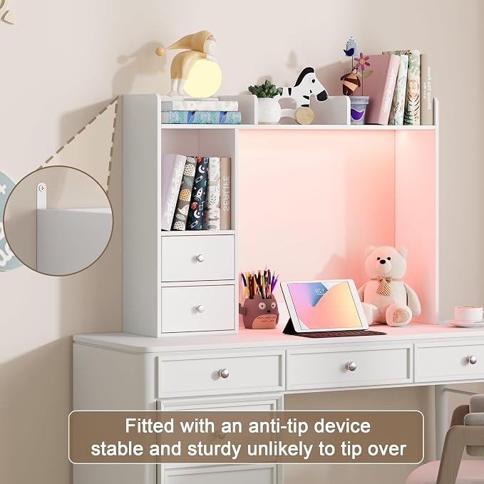ChooChoo Desktop Bookshelf with LED Lights, 36.6" Dorm Desk Hutch with 4 Shelves and 2 Drawers, Fits 27" Monitor, Desk Organizer Shelf for Dorm Office Home, White