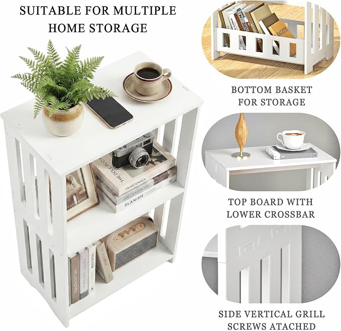 HAYOFAMY 3-Tier End Table Nightstand White, Narrow Side Table with Storage Shelf, Small Bookshelf Bedside Table for Bedroom, Living Room, Office, Bathroom