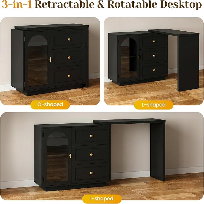 FansaFurn 59" L-Shaped Vanity Table with 3 Drawers & 1 Door, Extendable Makeup Vanity Desk, Modern Dressing Table for Bedroom, Dressing Room, Black