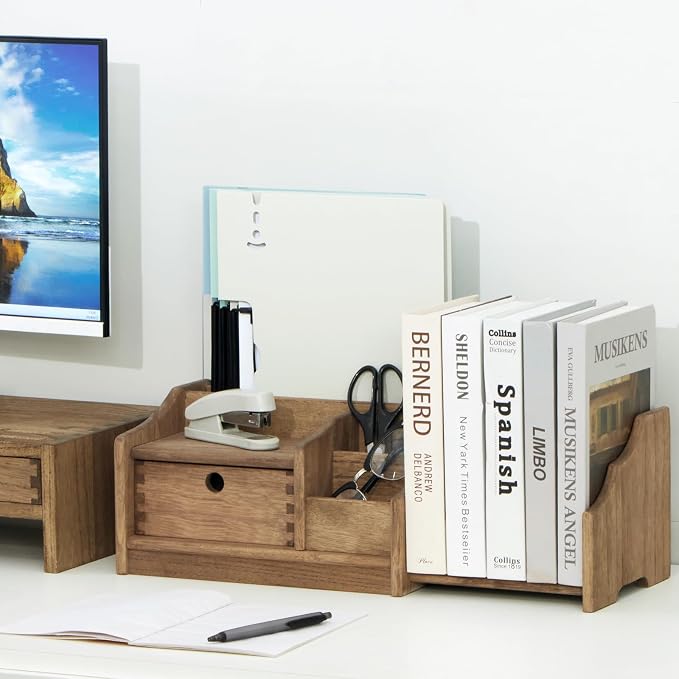 KIRIGEN Desktop Bookshelf Organizer with Drawer, Expandable Wood Desk Shelf, Fully Assembled Book Rack for Office Supplies, Files and Notebooks, 12.24 to 22.7 in Adjustable Width, SSSJ-S-DBR